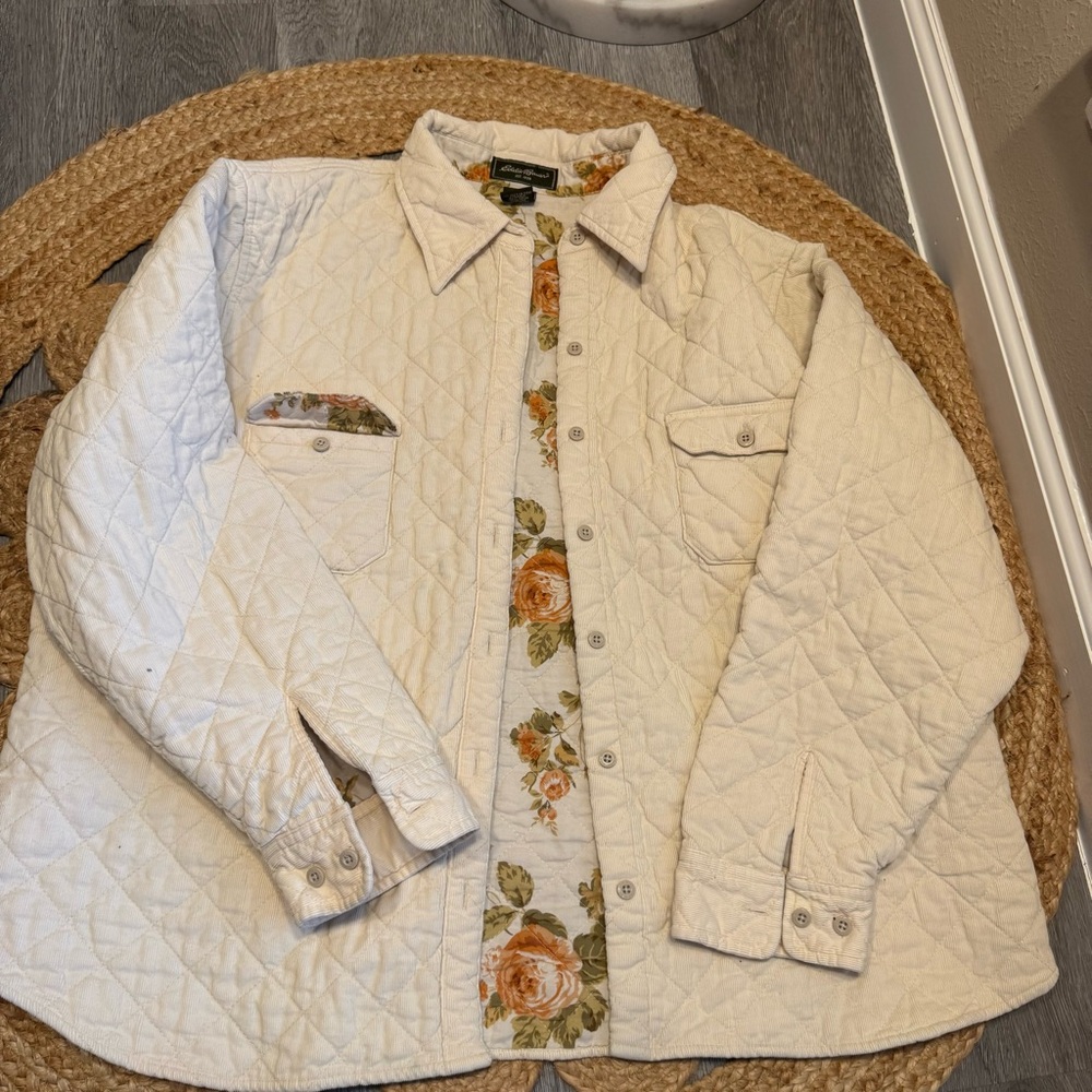 Eddie Bauer Quilted Cream Shacket/Jacket with Floral Lining